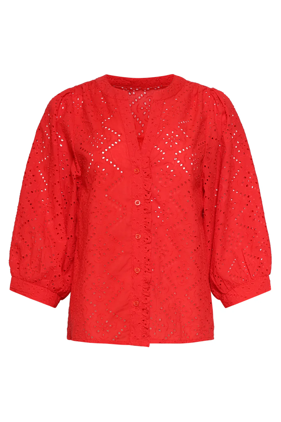 Broderie Blouse Met Knoopsluiting En Driekwart Mouwen | Red - Image 11