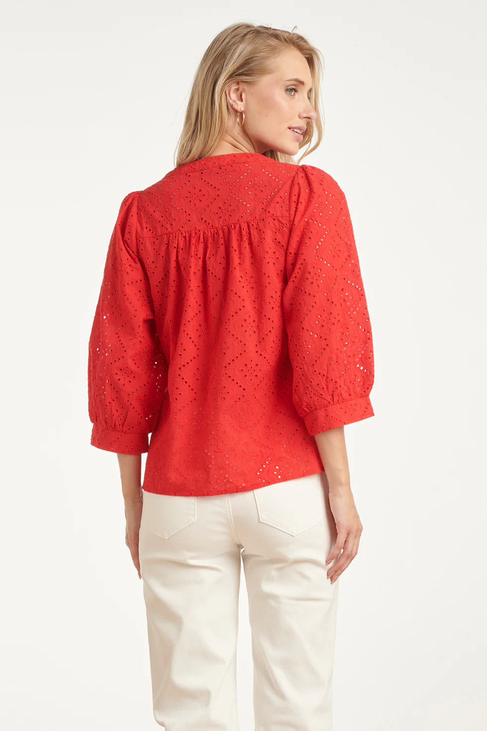 Broderie Blouse Met Knoopsluiting En Driekwart Mouwen | Red - Image 12