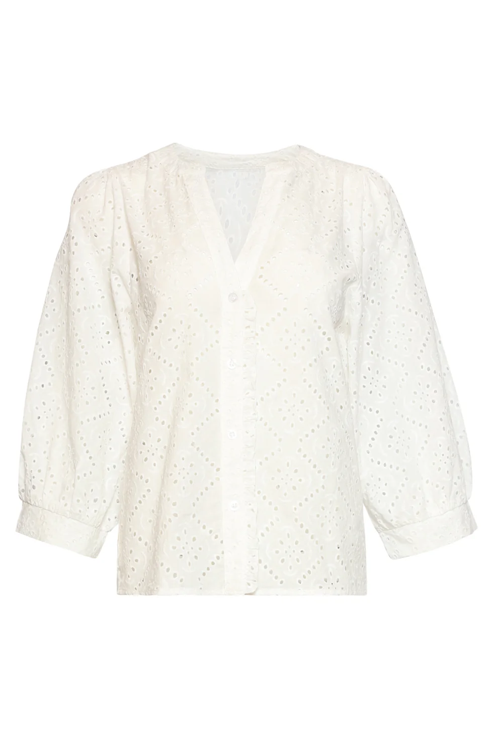 Broderie Blouse Met Knoopsluiting En Driekwart Mouwen | White - Image 11