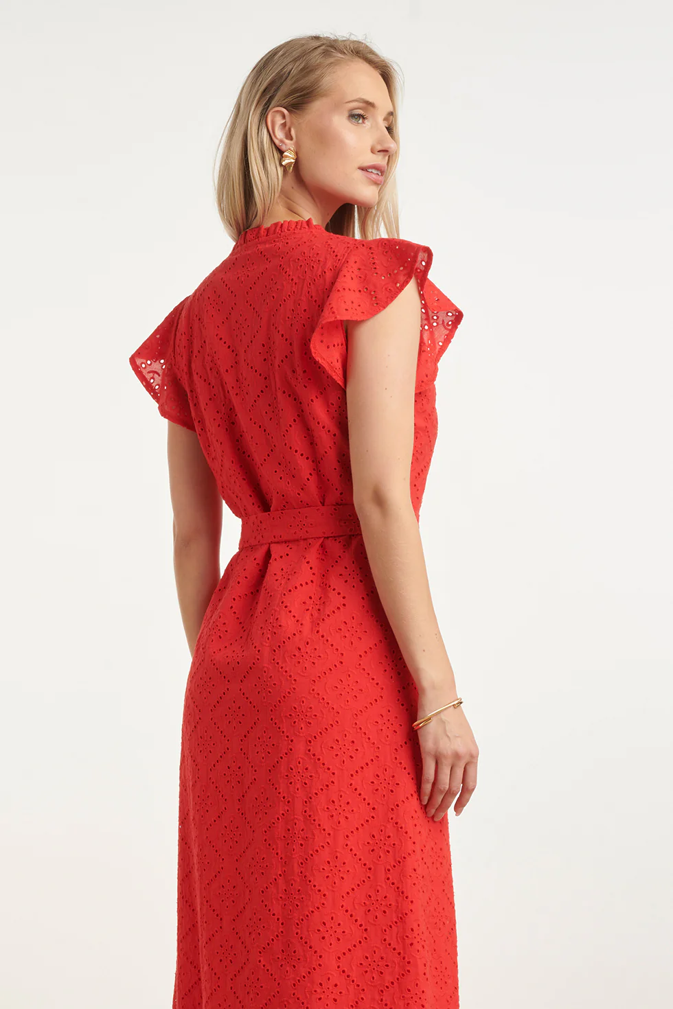 Broderie Doorknoopjurk Met Flutter Mouwen | Red - Image 10