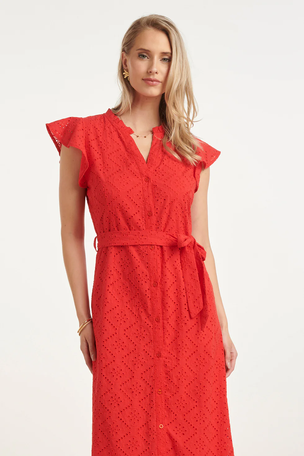 Broderie Doorknoopjurk Met Flutter Mouwen | Red - Image 6