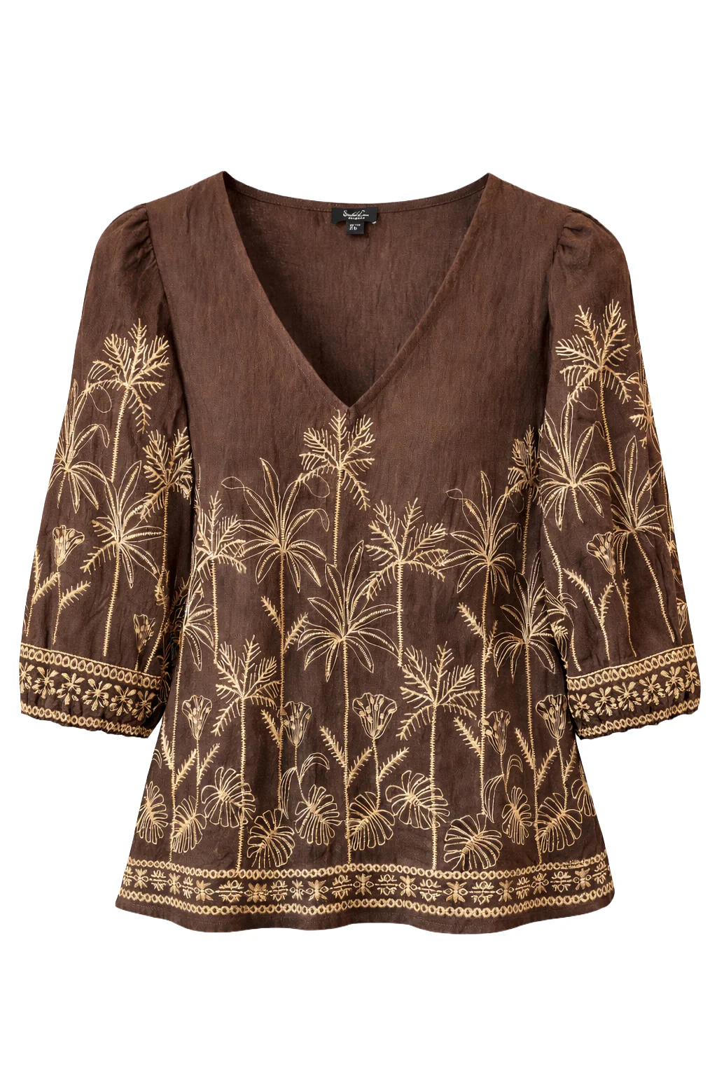 Bruine Blouse Met Goudkleurige Borduursels En V-Hals | Brown - Image 2