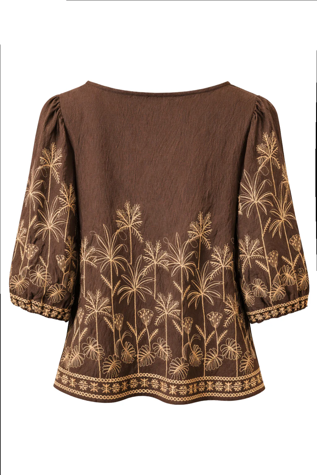 Bruine Blouse Met Goudkleurige Borduursels En V-Hals | Brown - Image 7