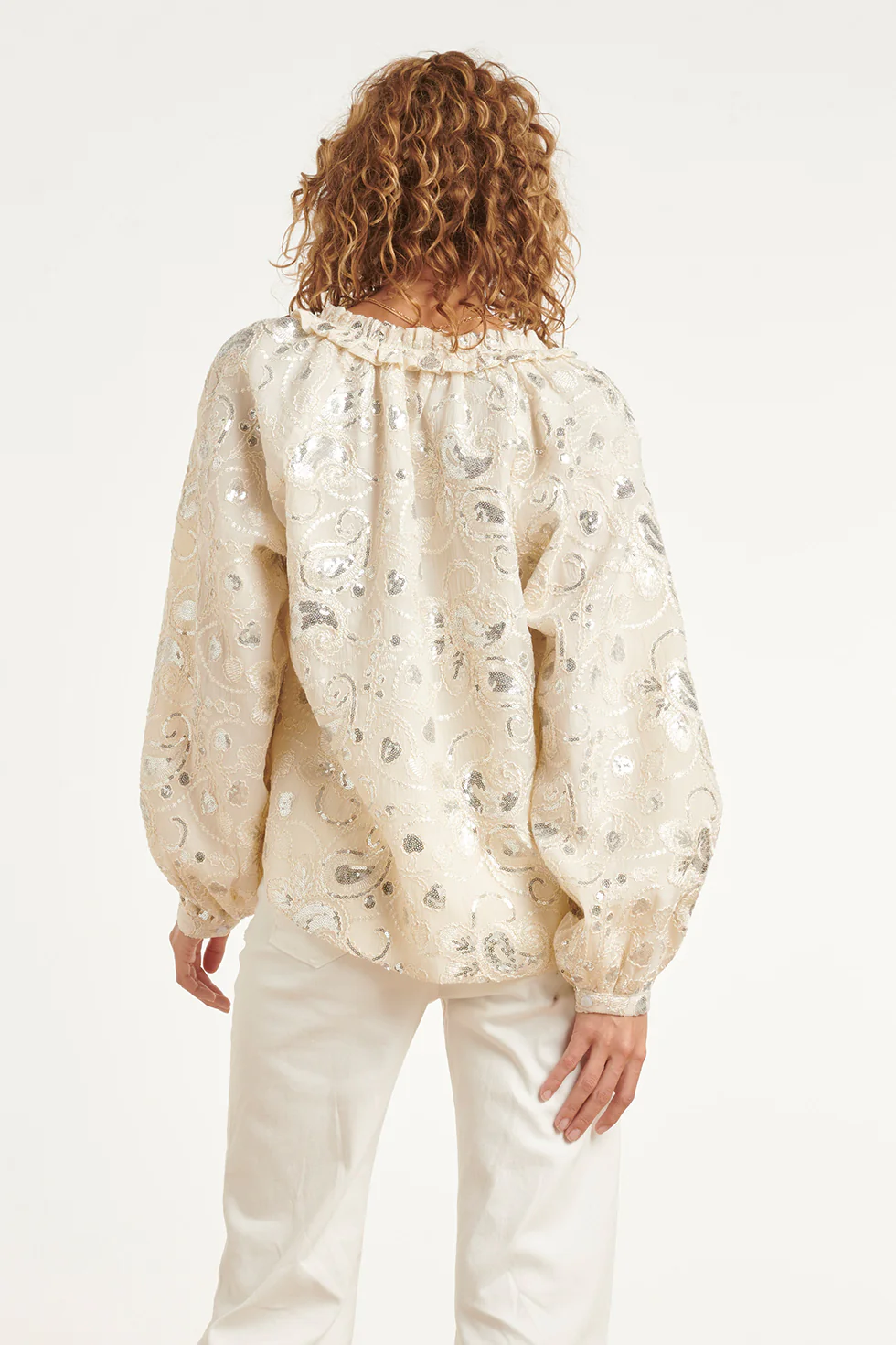 Champagnekleurige Blouse Met Pailletten En Ruffles | Off White - Image 6