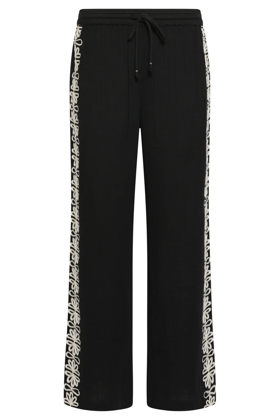Comfortabele Wide Leg Broek Met Contrasterende Borduring | Black - Off White - Image 11