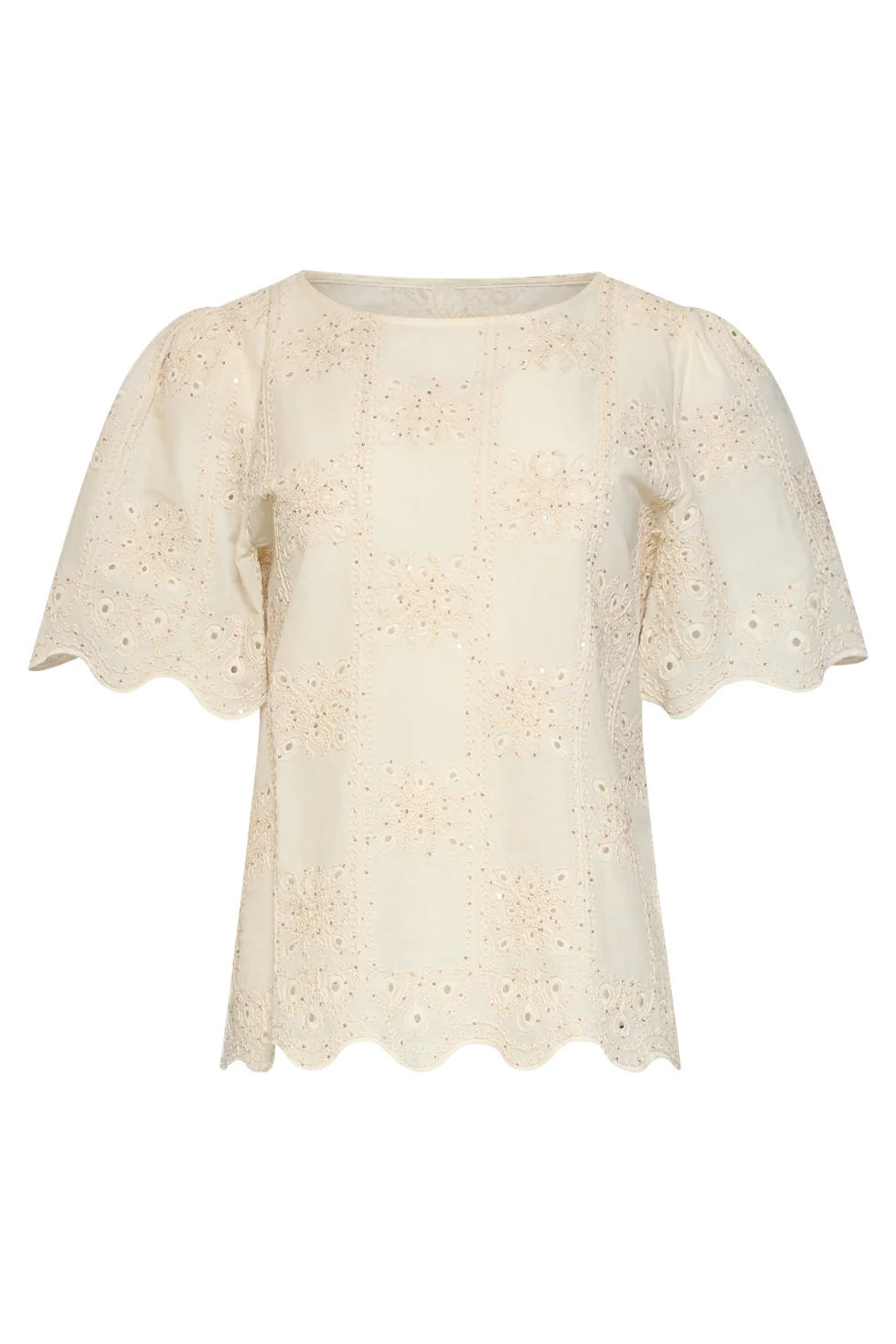 Crème Broderie Top Met Korte Mouwen En Scallop Zoom | Off White - Image 4