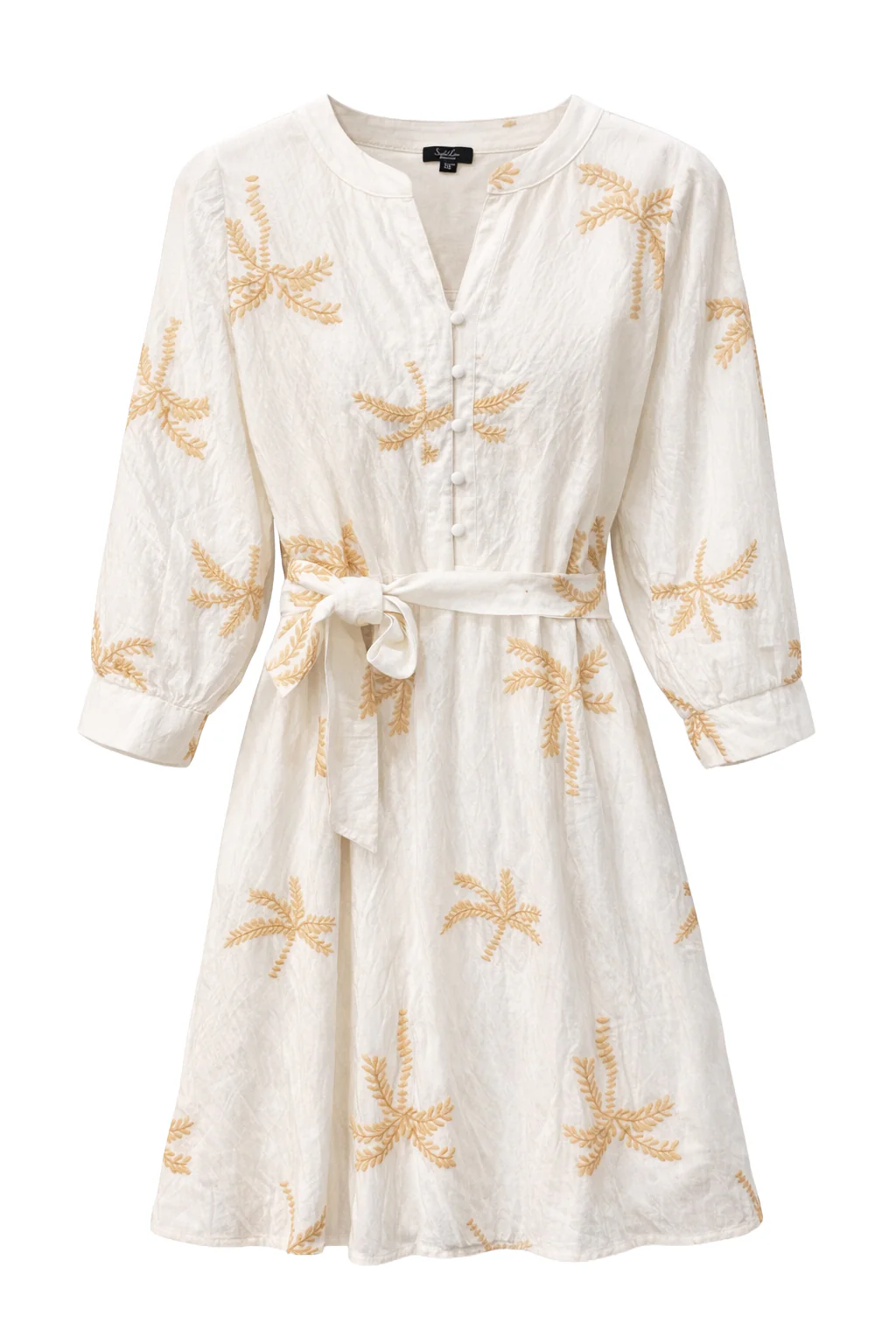 Crème Jurk Met Goudkleurige Palmprint En Ceintuur | Off White - Sand - Image 2