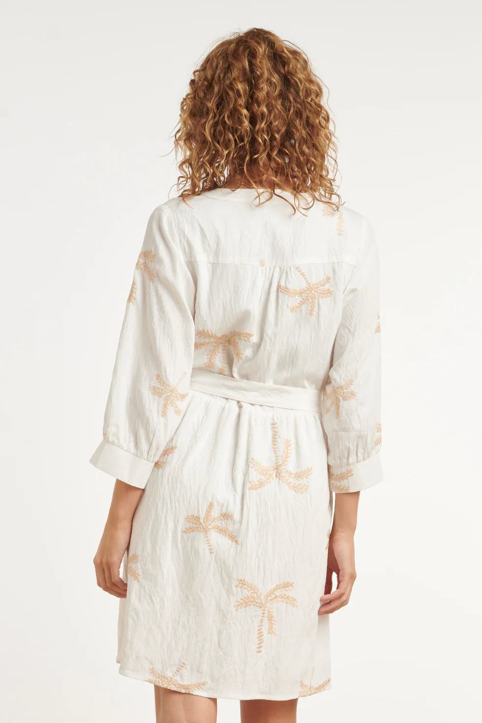 Crème Jurk Met Goudkleurige Palmprint En Ceintuur | Off White - Sand - Image 6