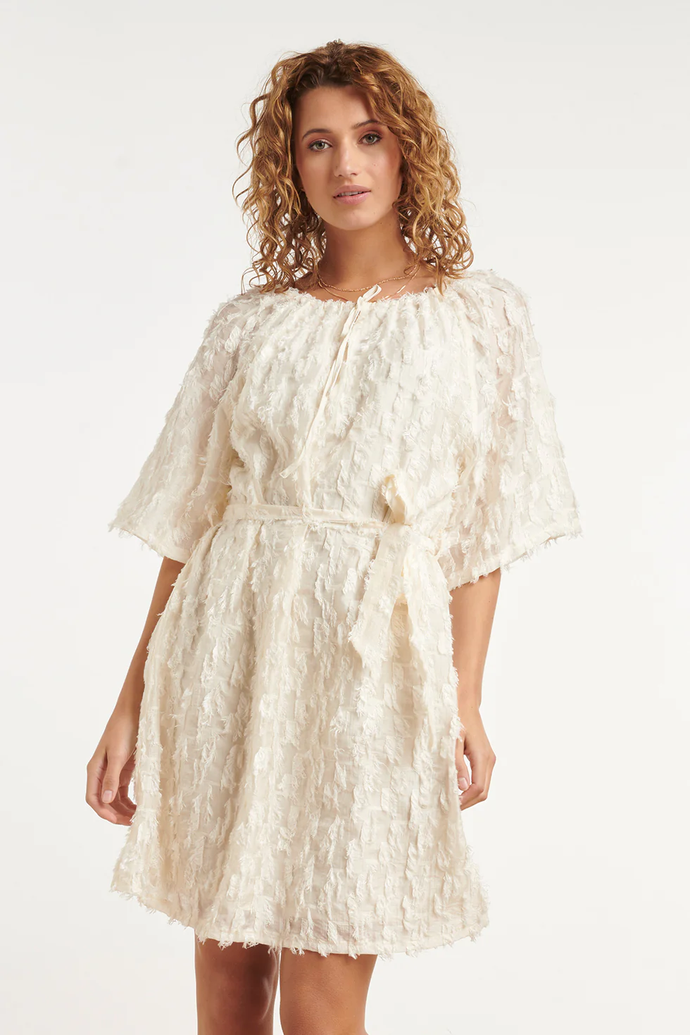 Crème Jurk Met Transparante Fringe Structuurstof | Off White - Image 2