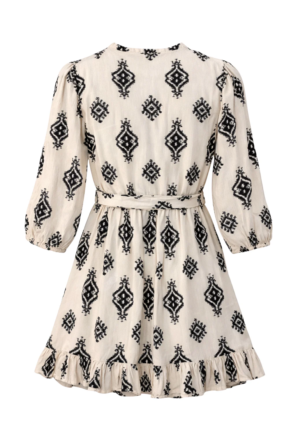 Crème Jurk Met Zwarte Geometrische Print En Ceintuur | Black White - Image 7