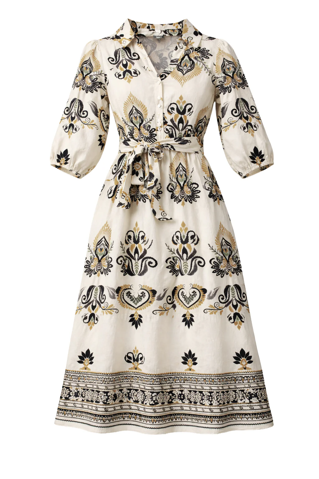 Crème Midi Jurk Met Ornament Print En Tailleceintuur | Muticolour - Image 2