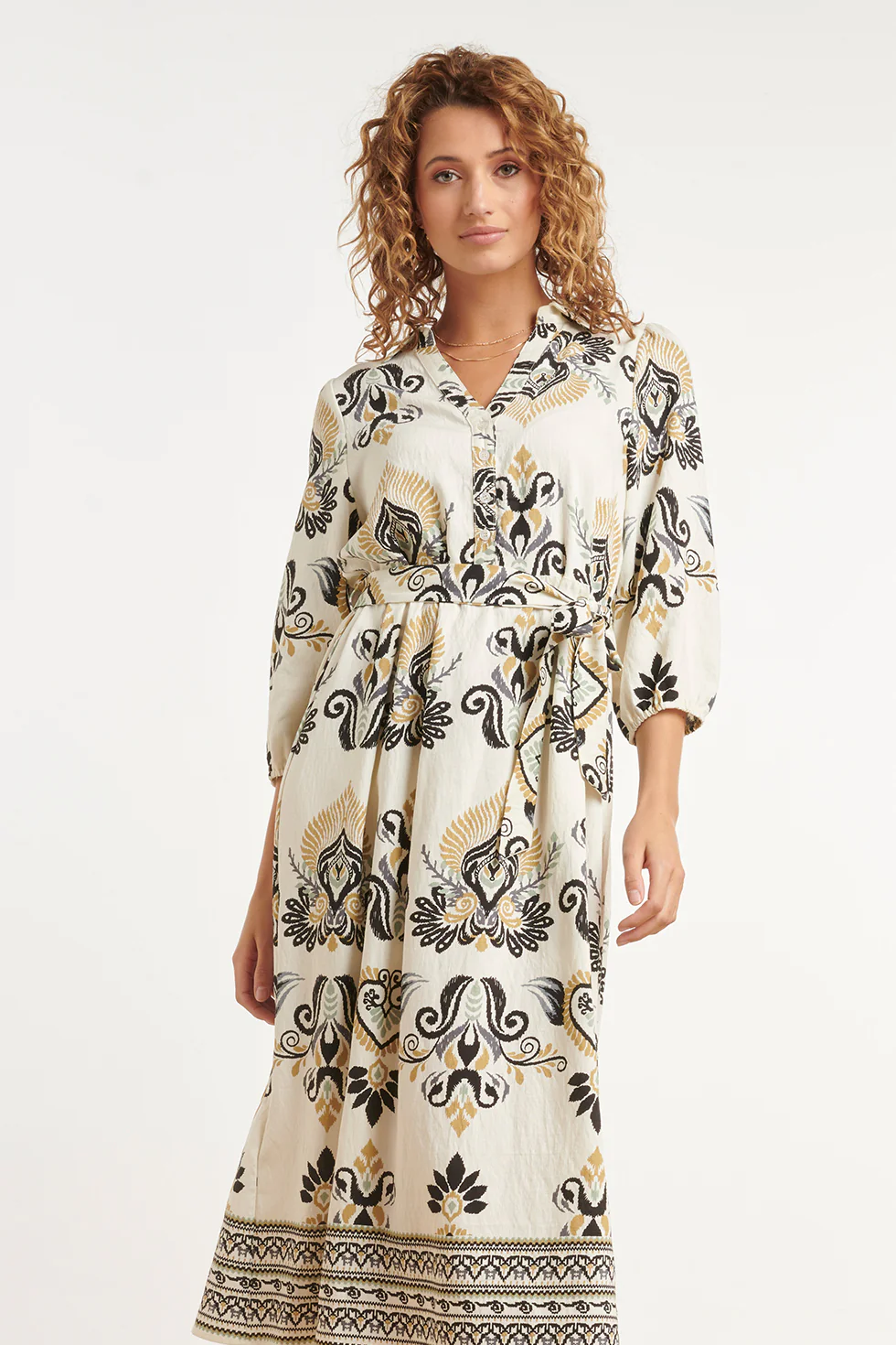 Crème Midi Jurk Met Ornament Print En Tailleceintuur | Muticolour - Image 3