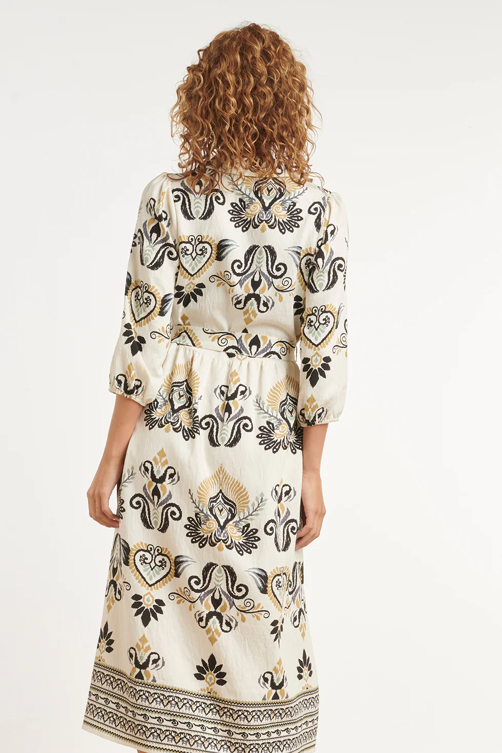 Crème Midi Jurk Met Ornament Print En Tailleceintuur | Muticolour - Image 6