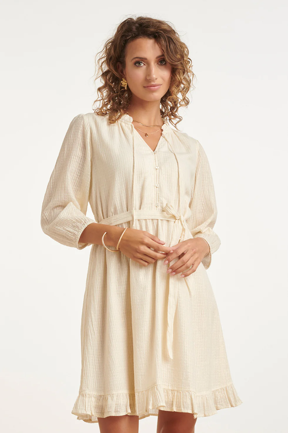 Crème Mini-Jurk Met Ruches En Tailleband | Off White - Image 8