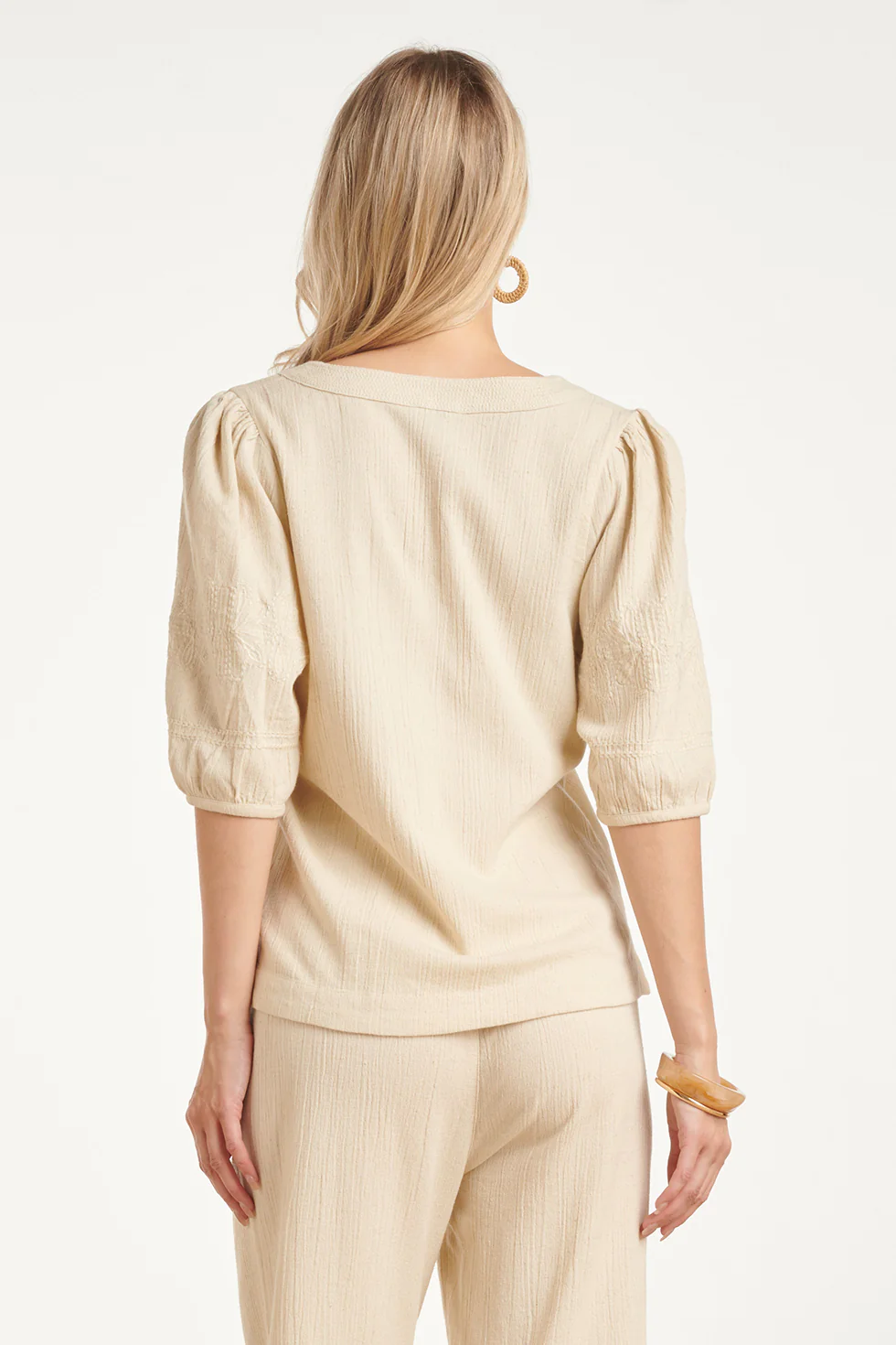 Crème Top Met V-Hals En Geborduurde Mouwen | Off White - Image 12