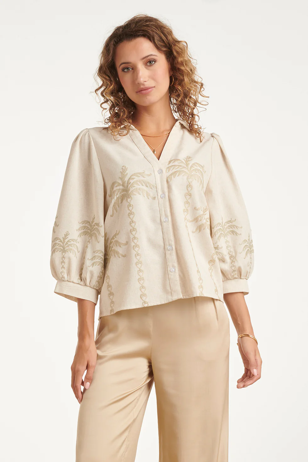 Dames Blouse Beige Met Geborduurde Palmboom | Off White