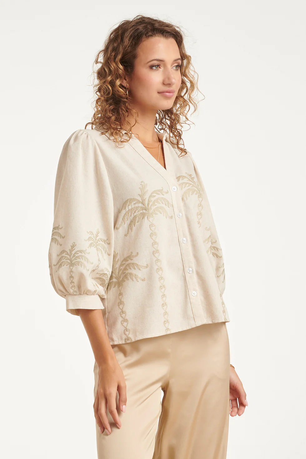 Dames Blouse Beige Met Geborduurde Palmboom | Off White - Image 4
