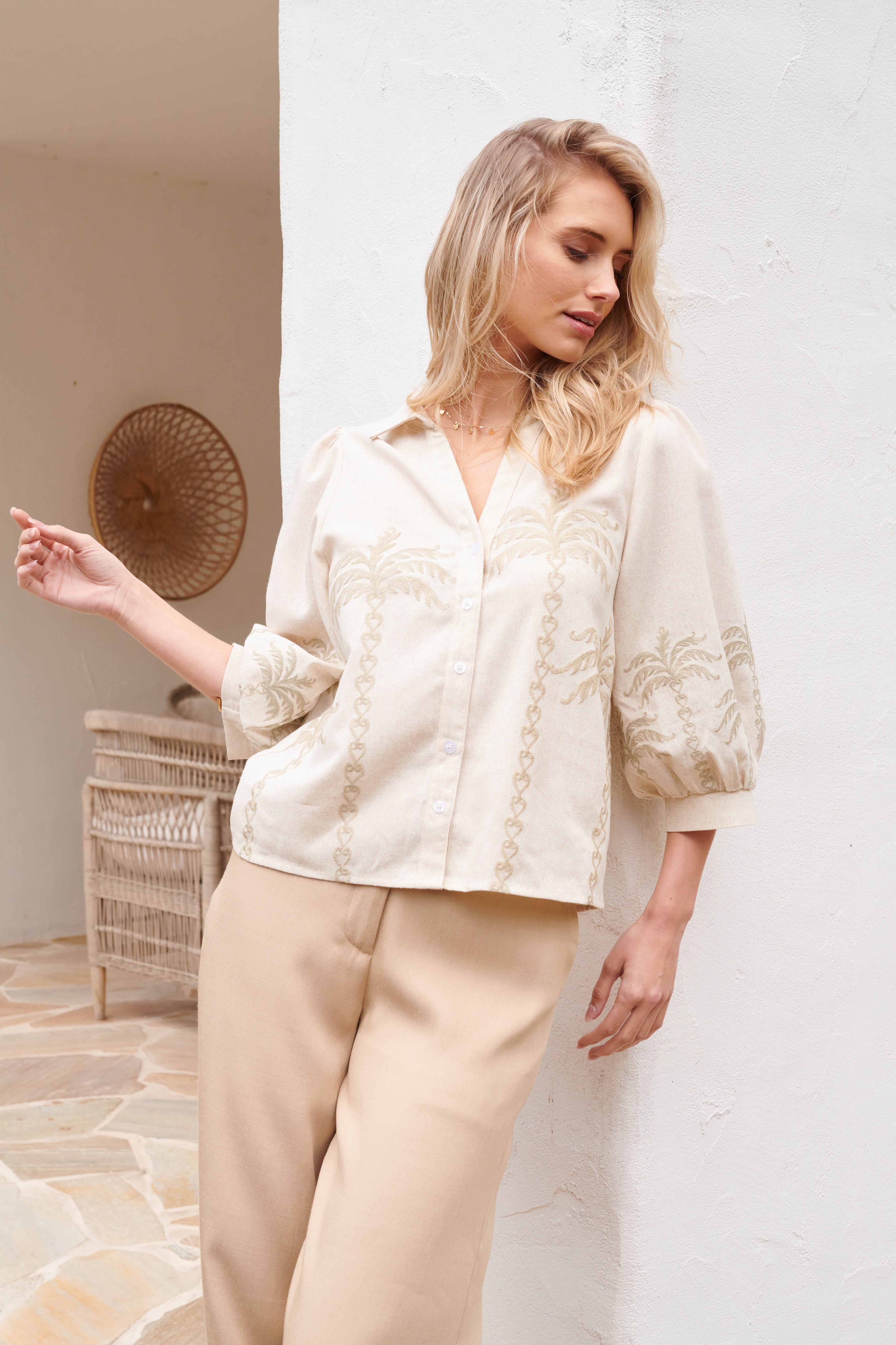 Dames Blouse Beige Met Geborduurde Palmboom | Off White - Image 9