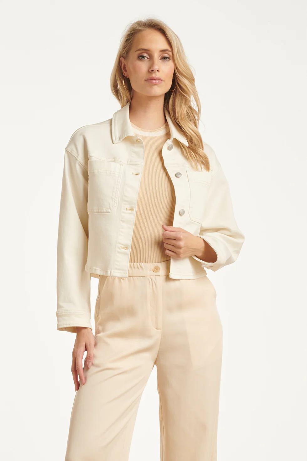 Dames Cropped Denim Jack Met Borstzakken | Off White - Image 2