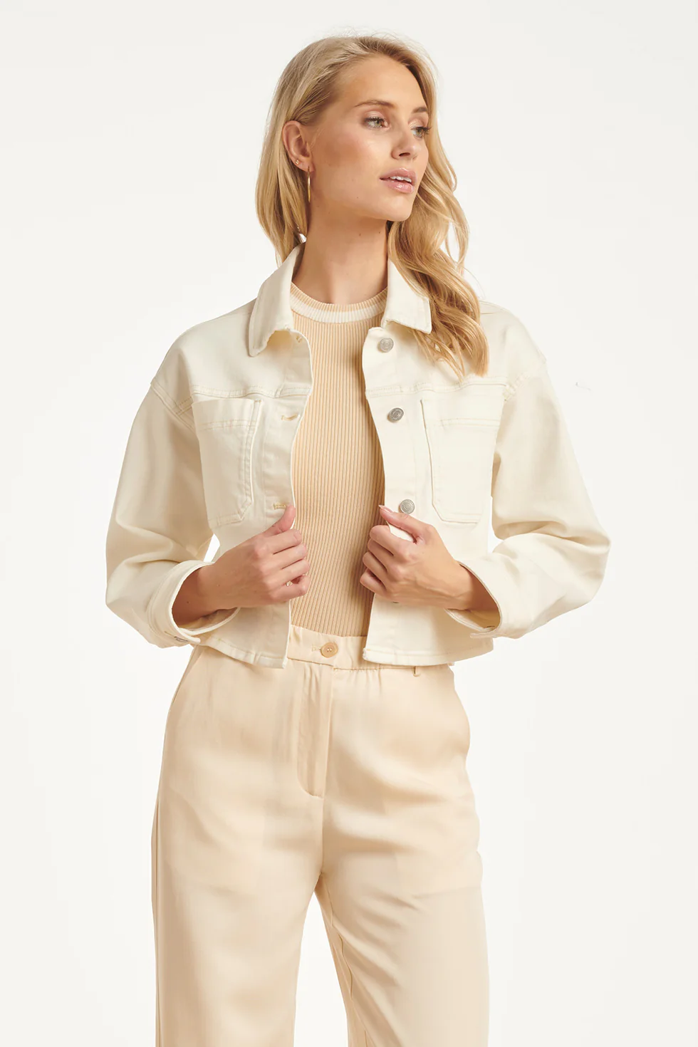 Dames Cropped Denim Jack Met Borstzakken | Off White - Image 8