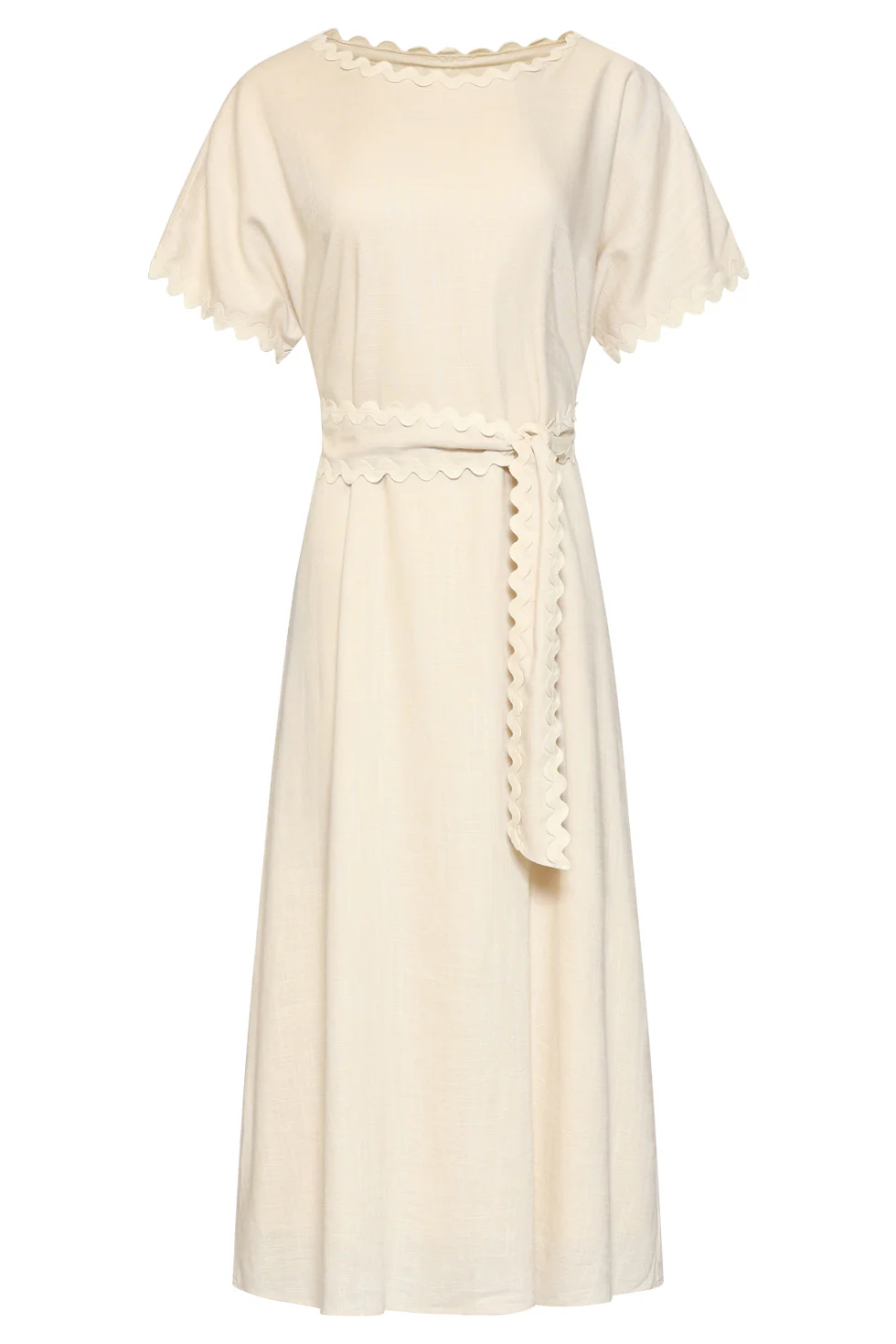 Dames Jurk Met Strikceintuur En Golvende Details | Sand - Image 3