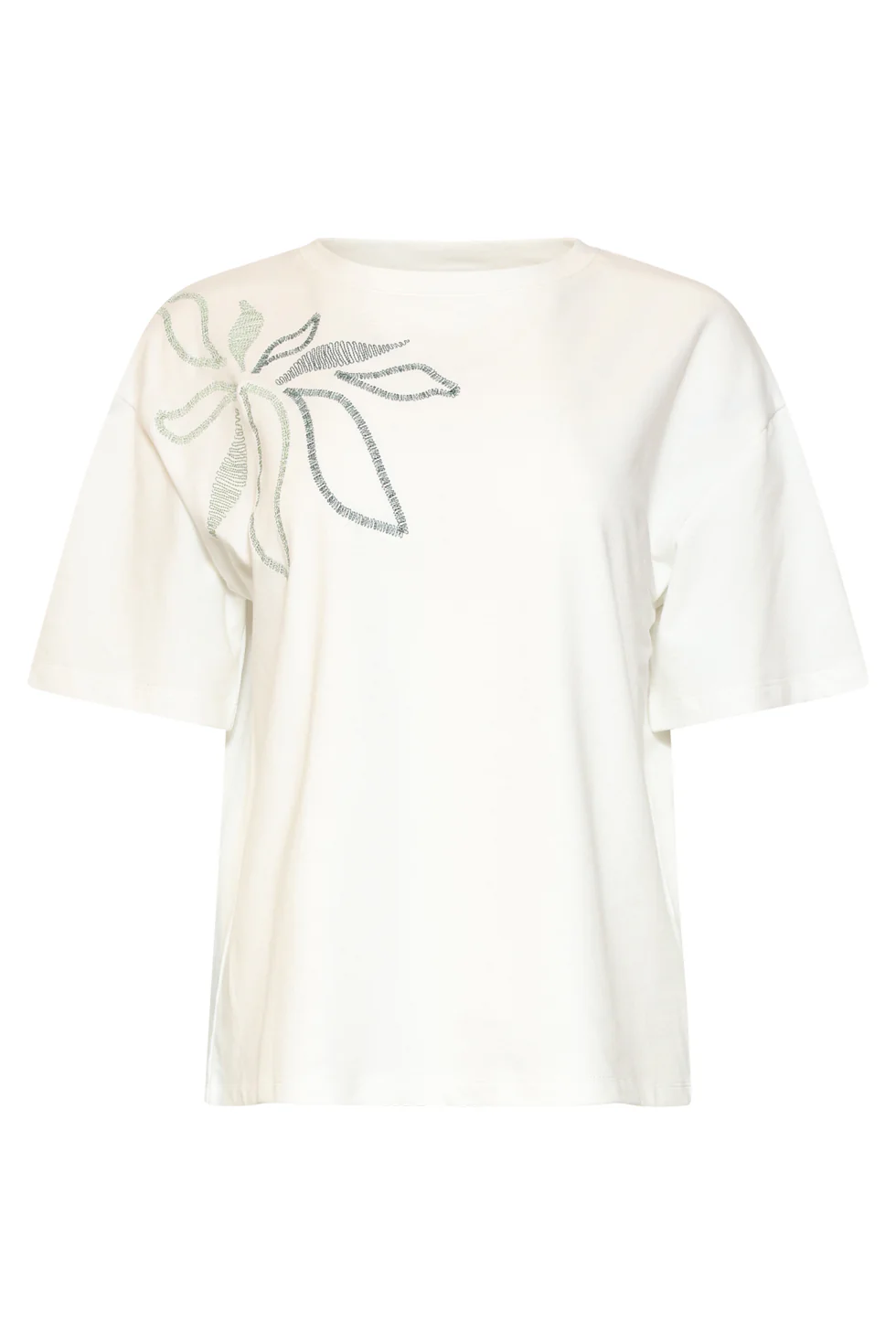 Dames T-Shirt Met Geborduurde Bloemprint | Off White - Soft Green - Image 3