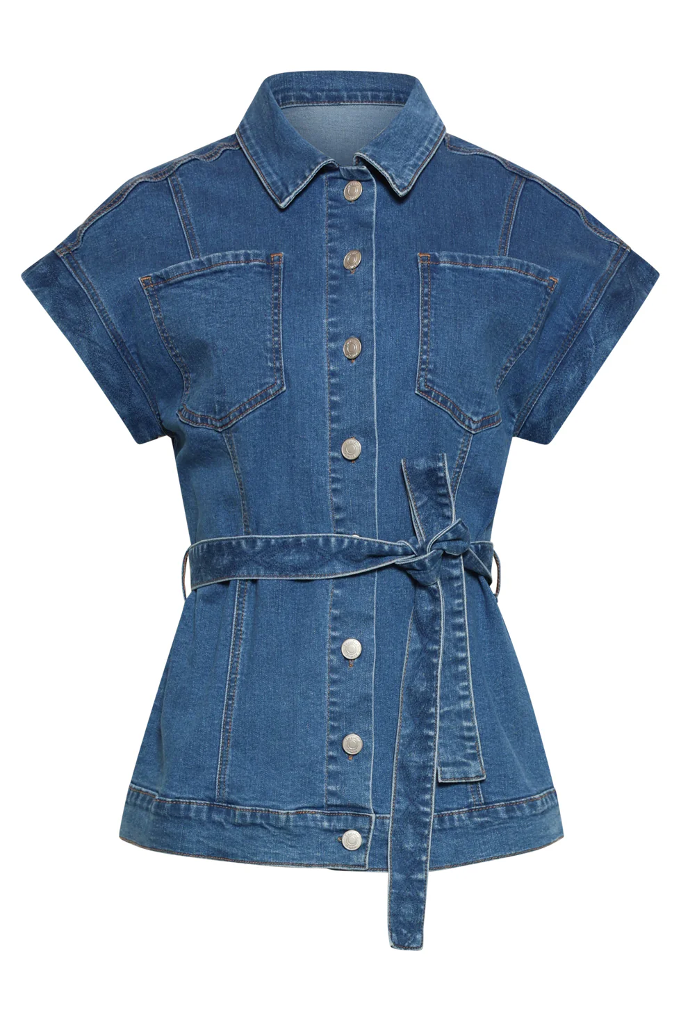 Denim Gilet Met Knoopsluiting En Kapmouwen | Medium Blue Denim - Image 11