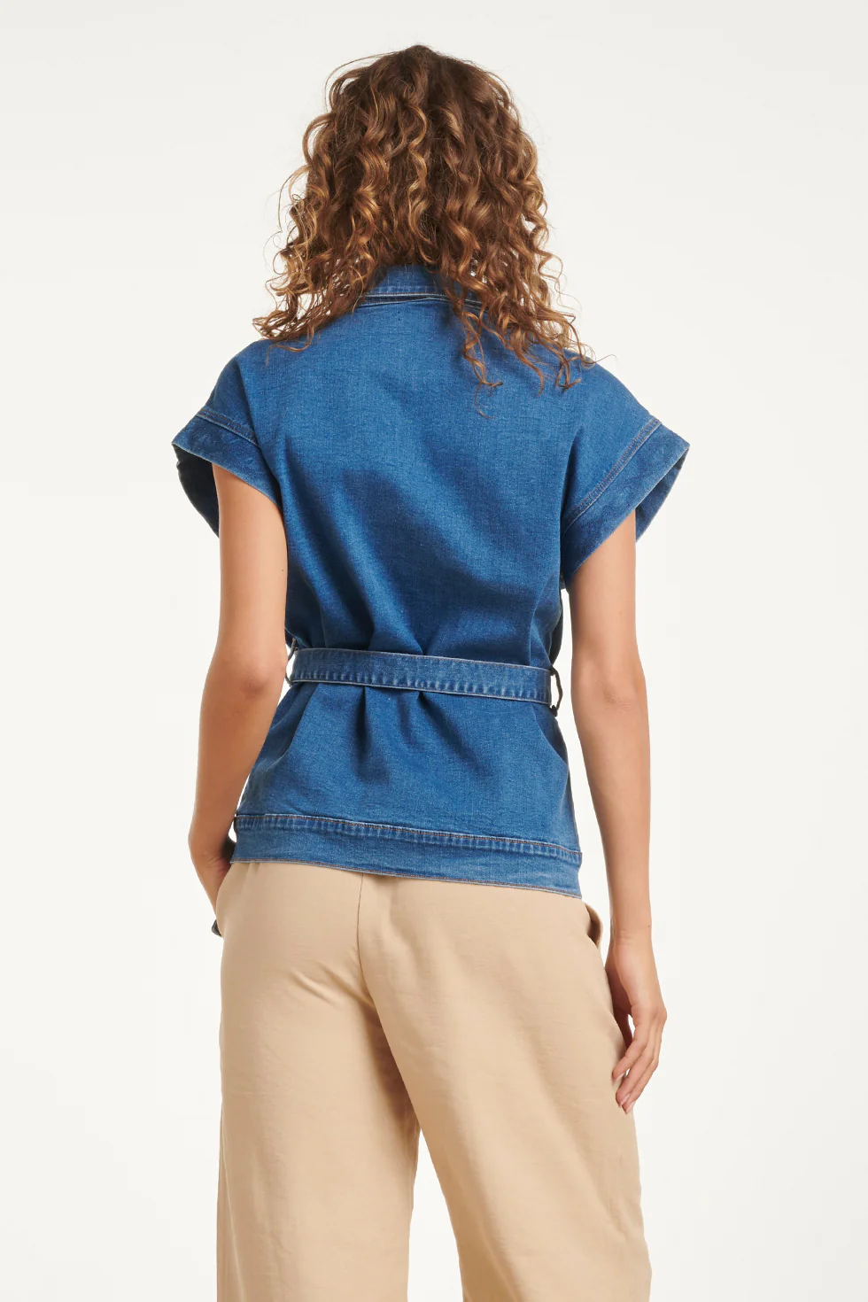Denim Gilet Met Knoopsluiting En Kapmouwen | Medium Blue Denim - Image 12