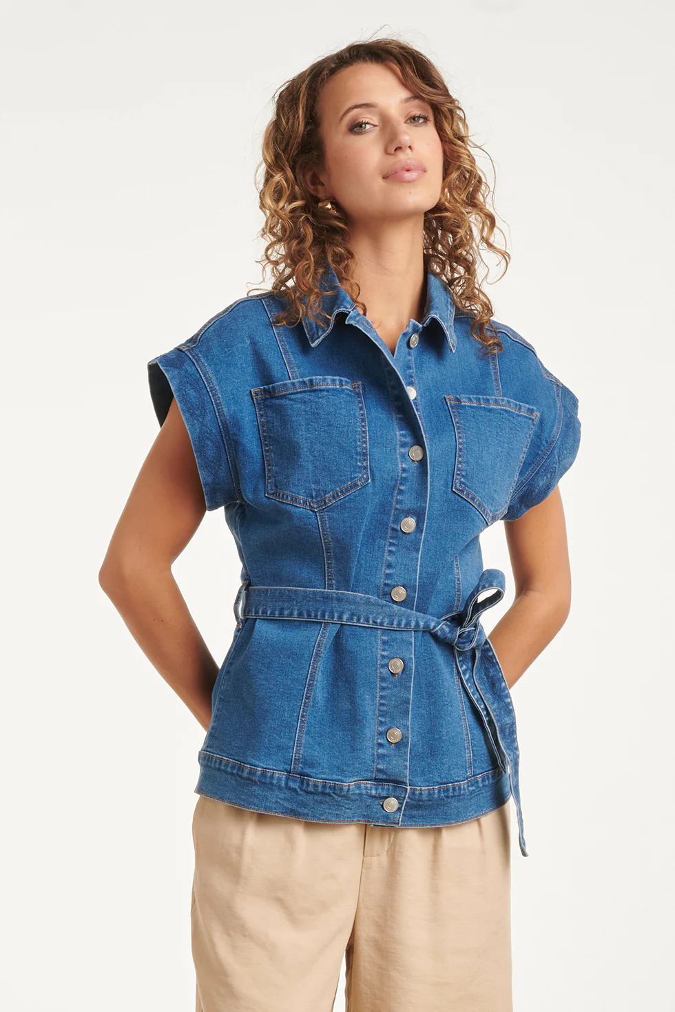 Denim Gilet Met Knoopsluiting En Kapmouwen | Medium Blue Denim - Image 8