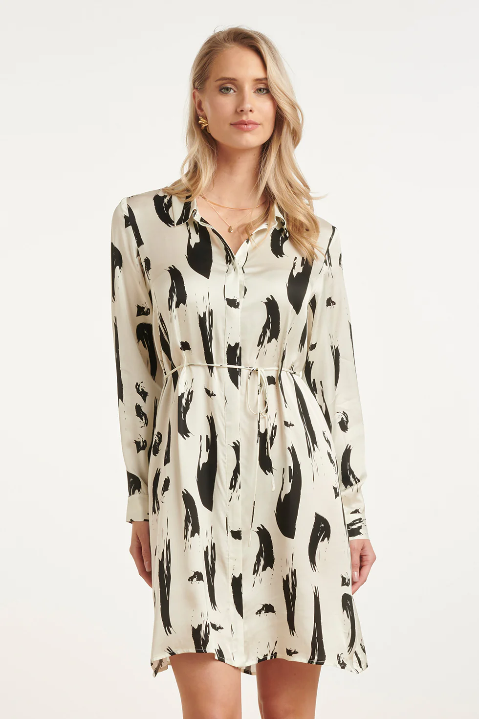 Doorknoopjurk Met Zwart-Witte Abstracte Print | Off White - Black