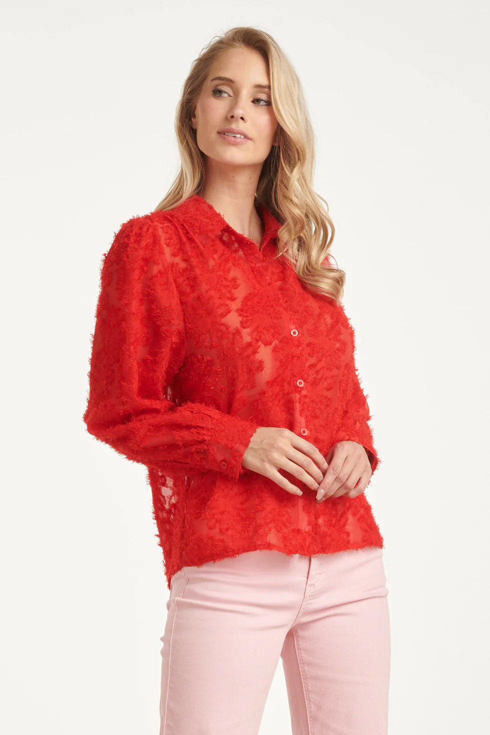 Elegante Doorschijnende Blouse Met Reliëf Print | Red - Image 4