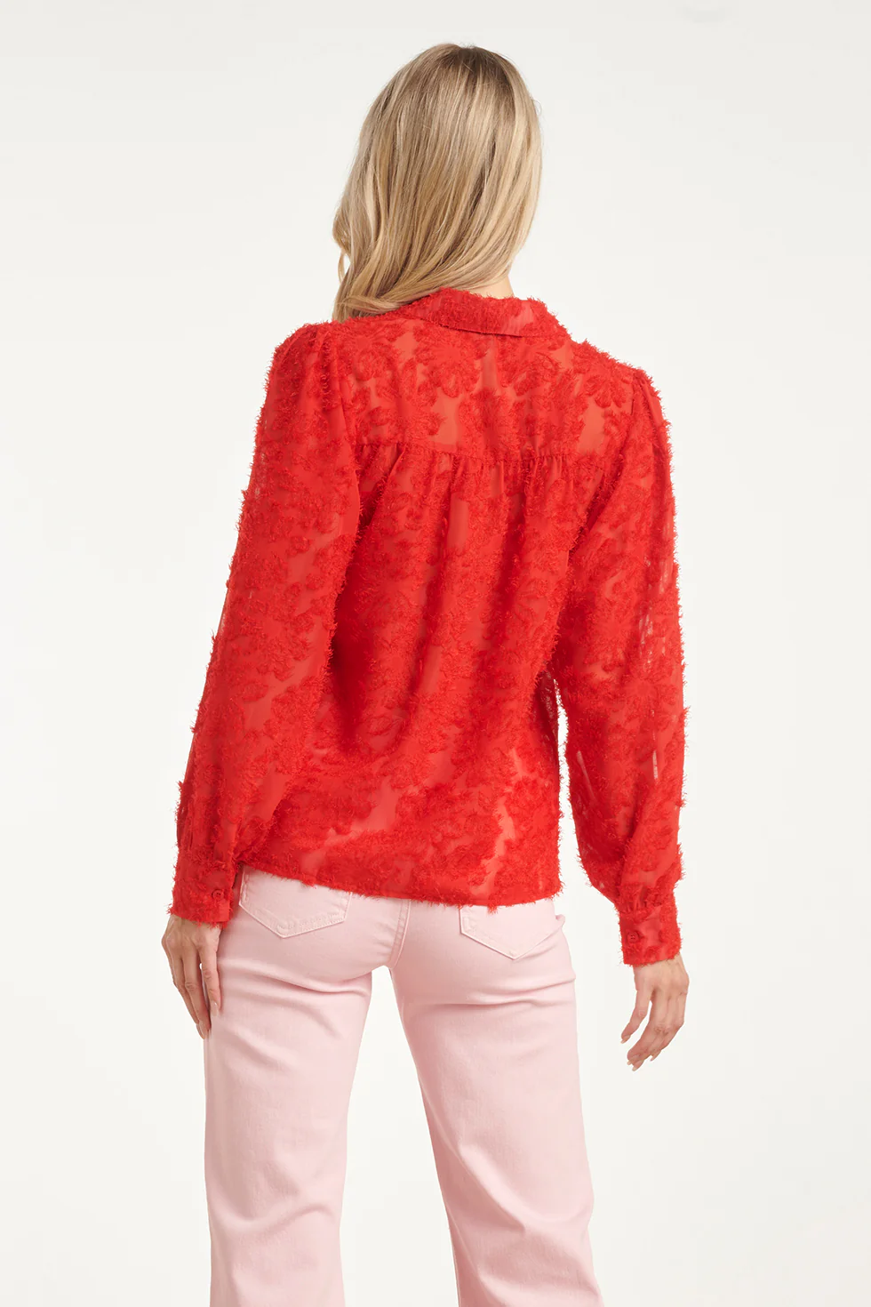 Elegante Doorschijnende Blouse Met Reliëf Print | Red - Image 6