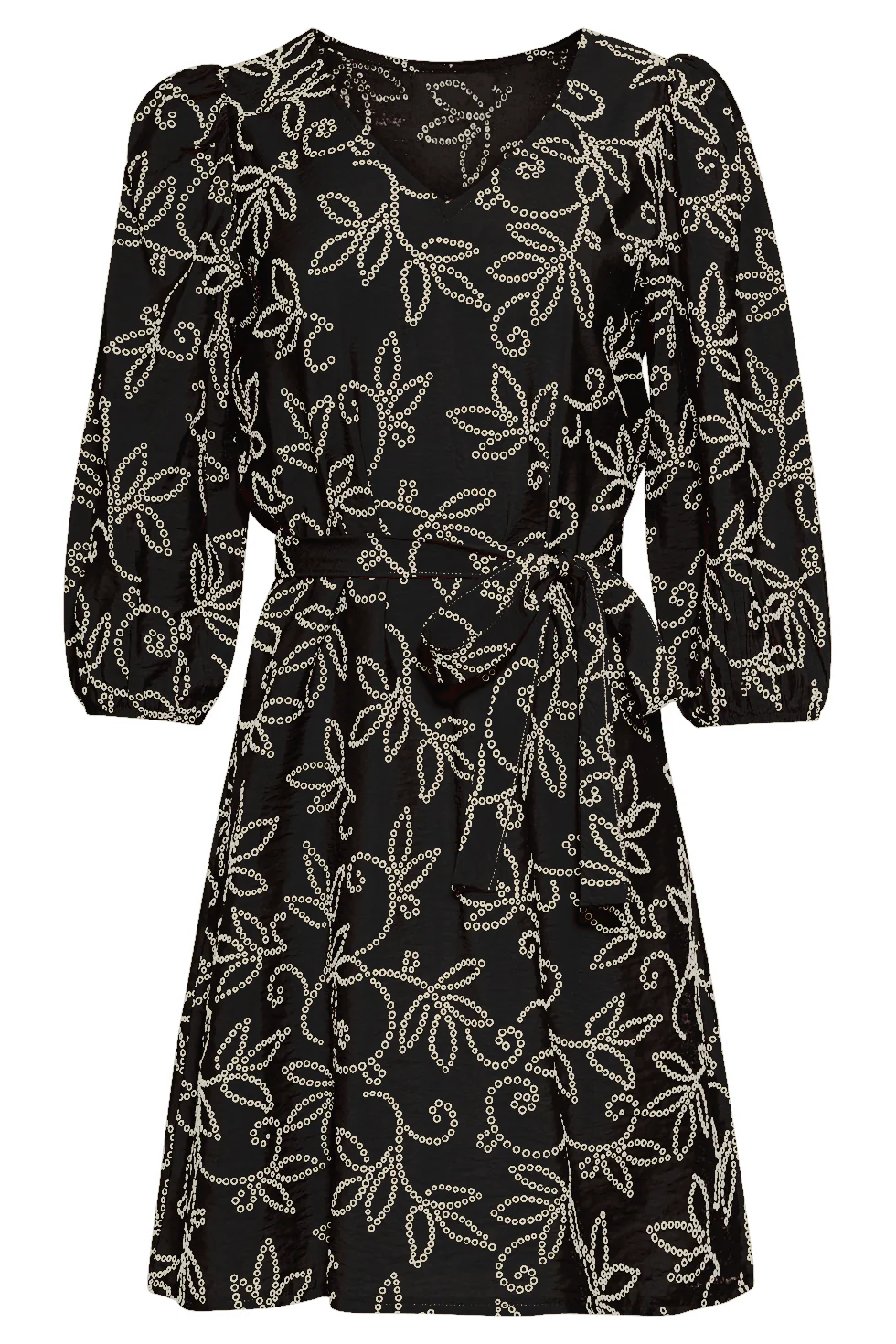 Elegante Jurk Met Verfijnde Bloem Print En Tailleceintuur | Black White - Image 2