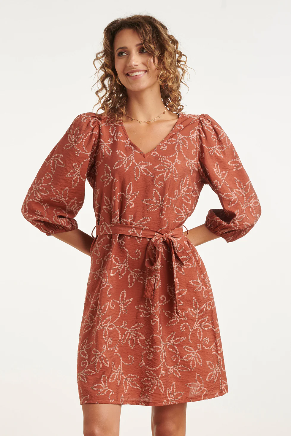 Elegante Jurk Met Verfijnde Bloem Print En Tailleceintuur | Brique - Image 2