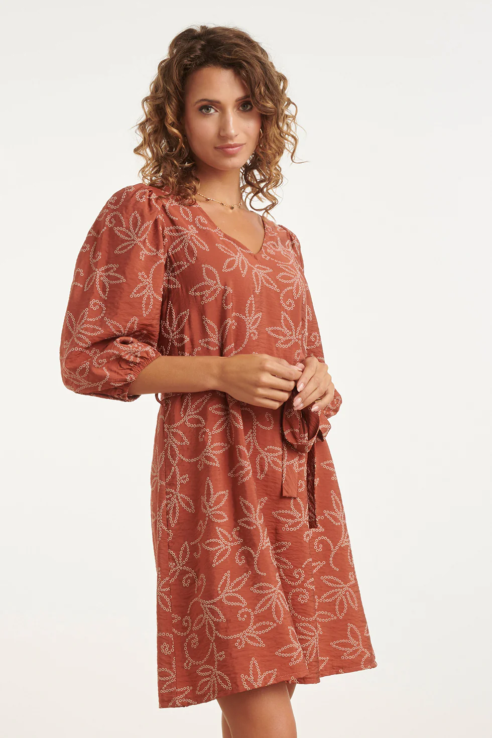 Elegante Jurk Met Verfijnde Bloem Print En Tailleceintuur | Brique - Image 8