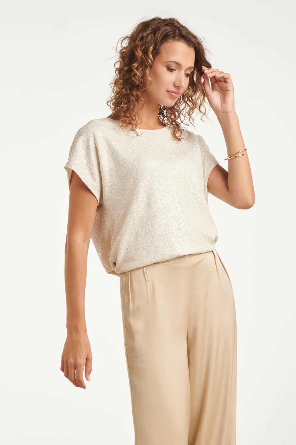Elegante Top Met Pailletten En Korte Mouwen | Sand - Dark Sand - Image 4