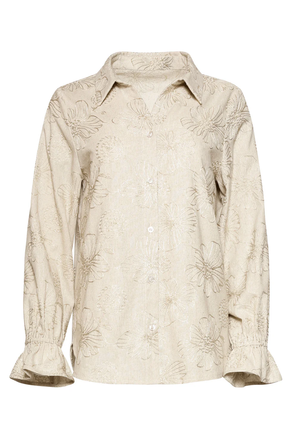 Elegante Zandkleurige Blouse Met Bloemenprint En Ruches | Sand - Gold - Image 2