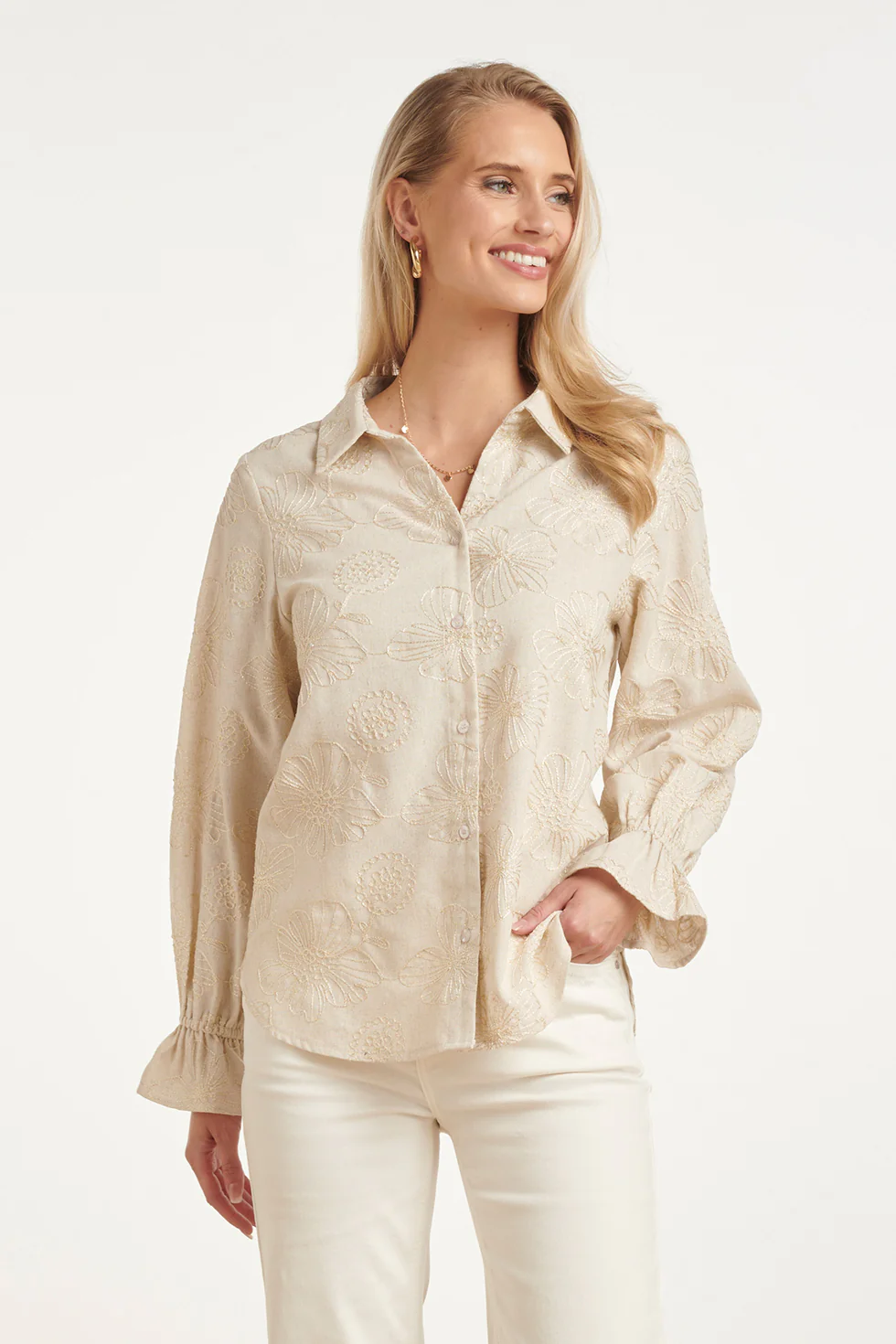 Elegante Zandkleurige Blouse Met Bloemenprint En Ruches | Sand - Gold - Image 4