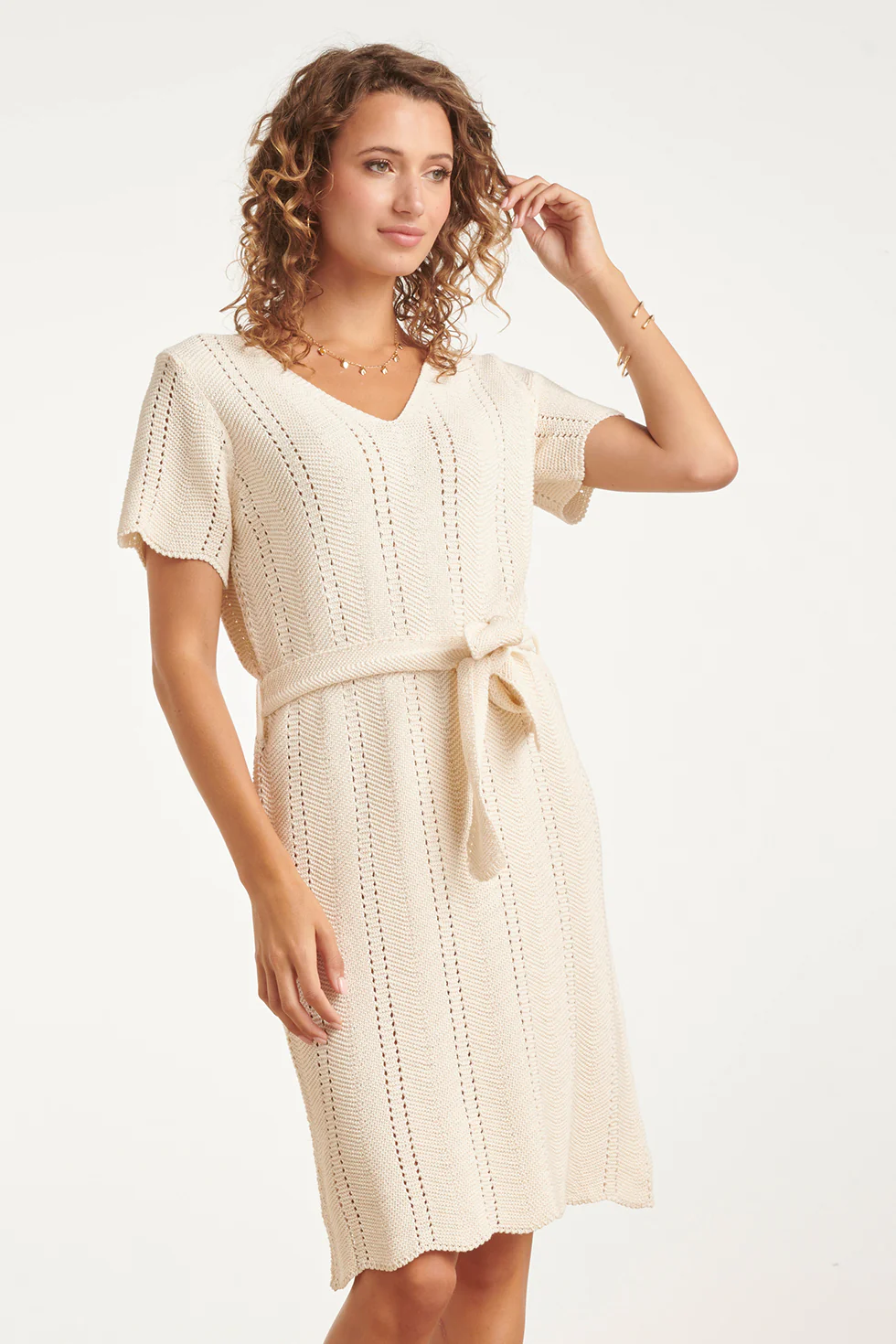 Gebreide Jurk Met V-Hals En Strikceintuur | Off White - Image 8