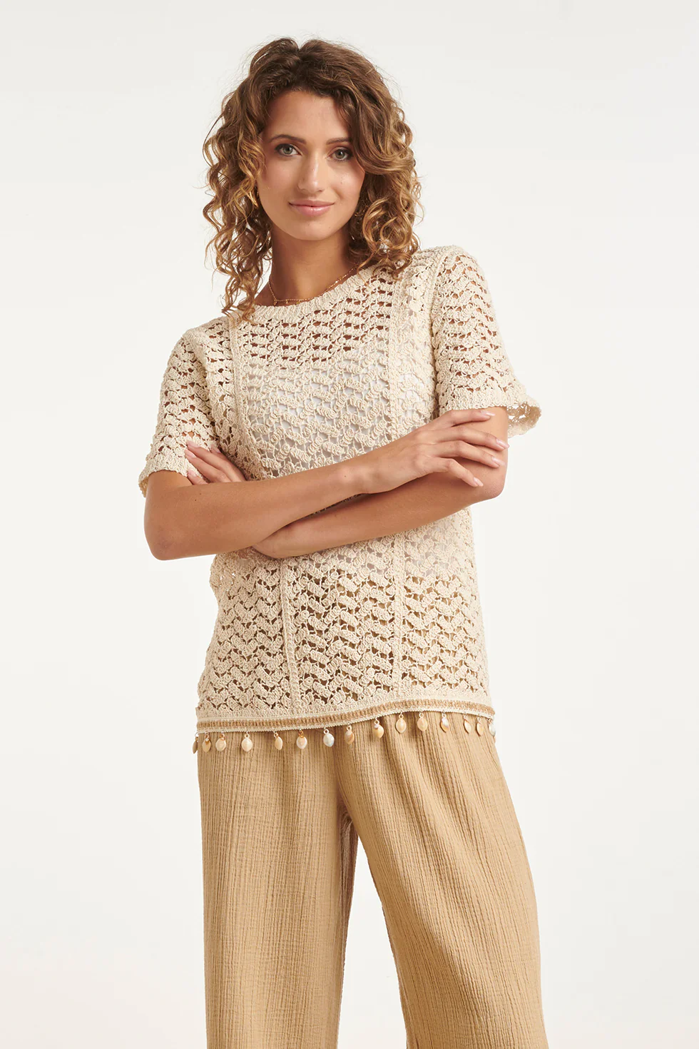 Gehaakte Top Met Korte Mouwen En Schelpen-Detail | Off White