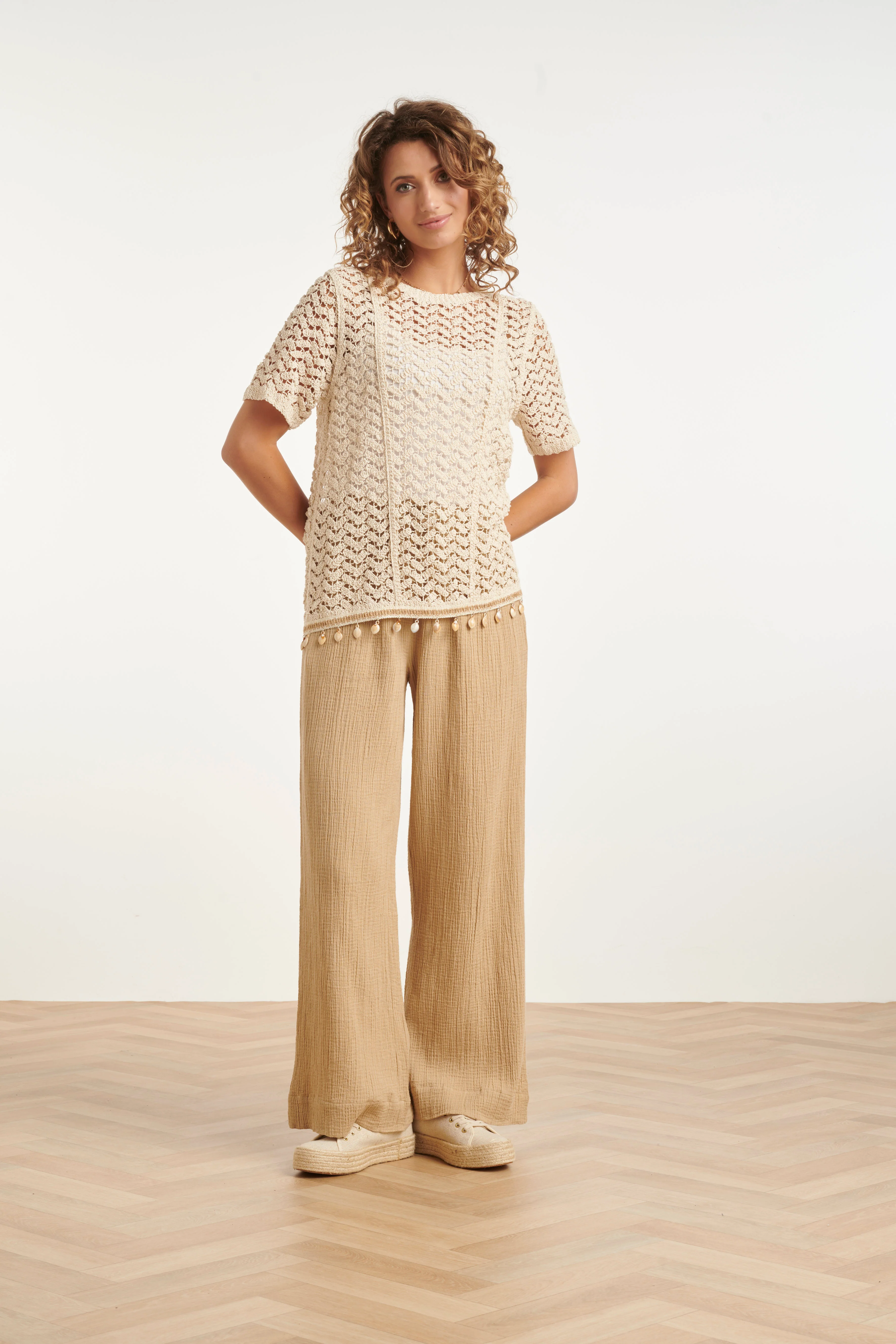 Gehaakte Top Met Korte Mouwen En Schelpen-Detail | Off White - Image 3