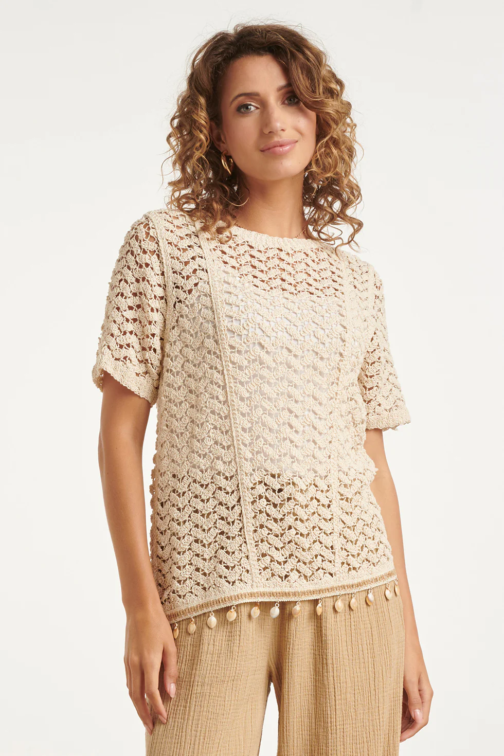 Gehaakte Top Met Korte Mouwen En Schelpen-Detail | Off White - Image 4