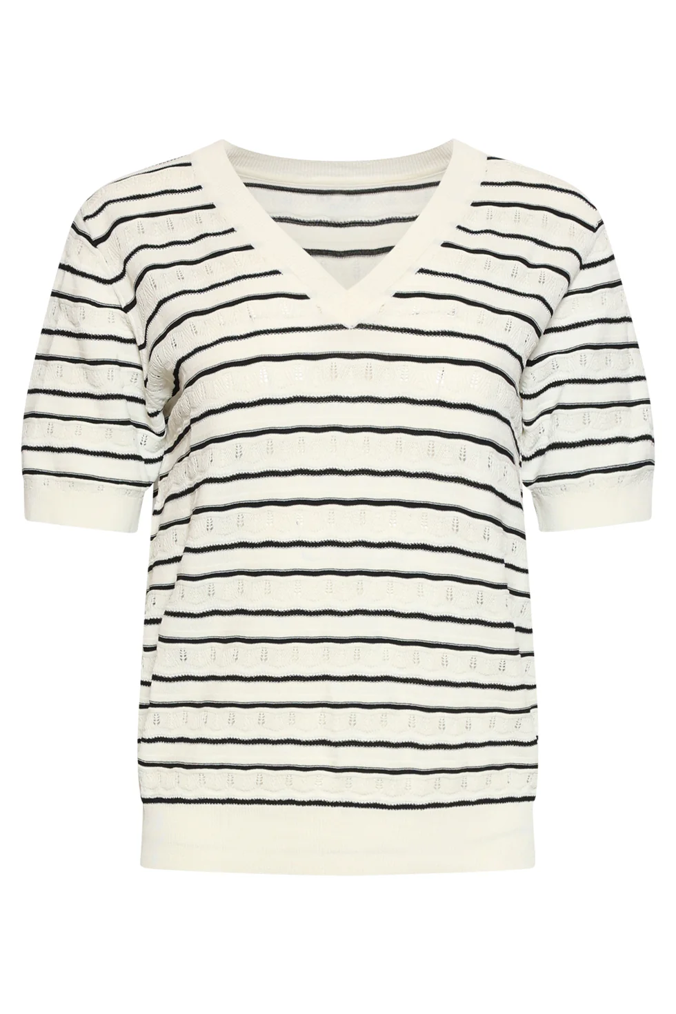 Gestreept Gebreid T-Shirt Zwart & Off-White Met V-Hals | Off White - Black - Image 12