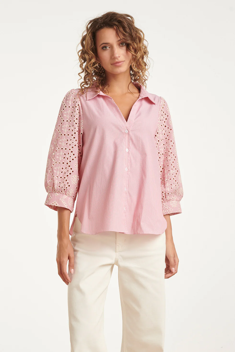 Gestreepte Blouse Met Broderie Mouwen | Red - White