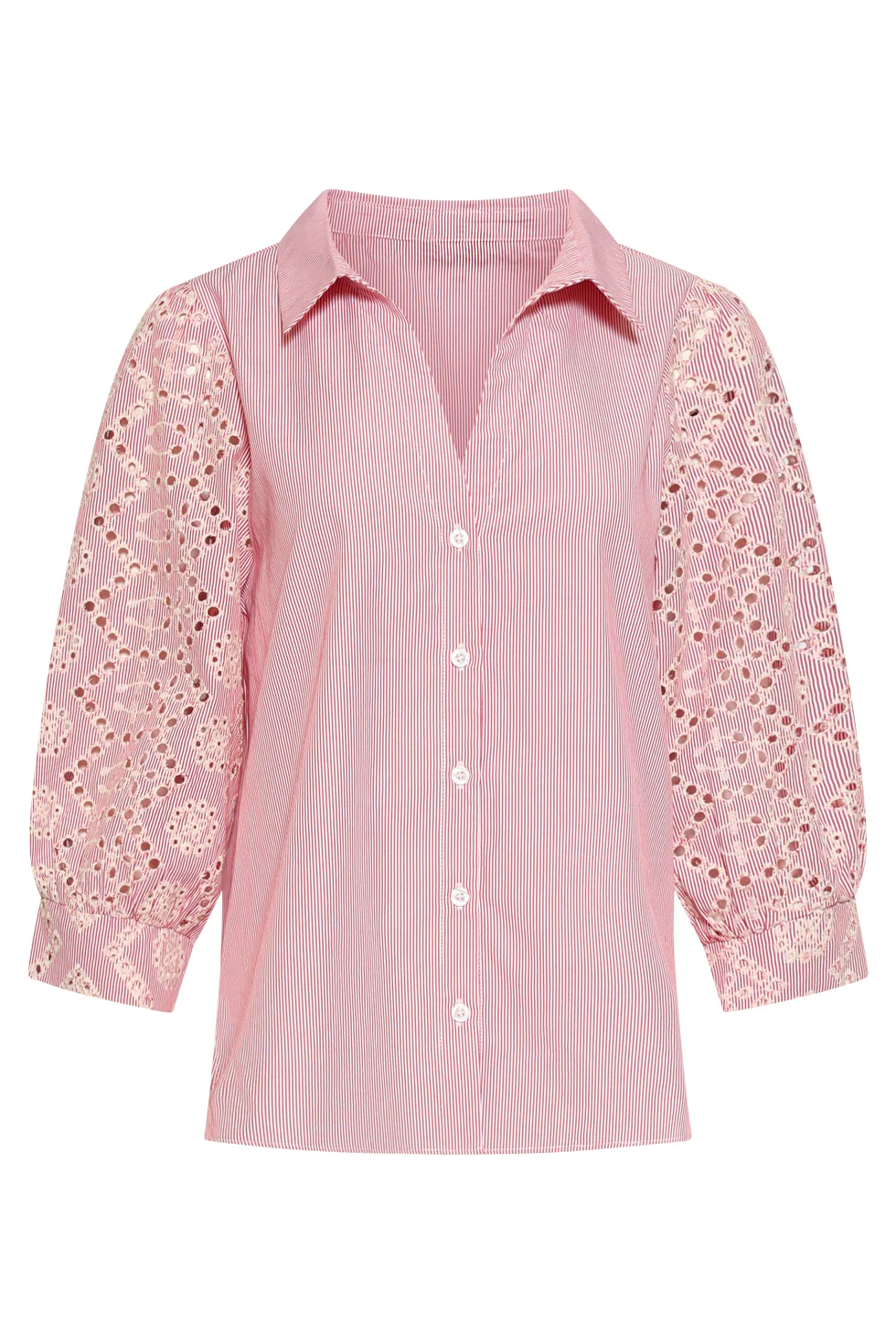 Gestreepte Blouse Met Broderie Mouwen | Red - White - Image 2