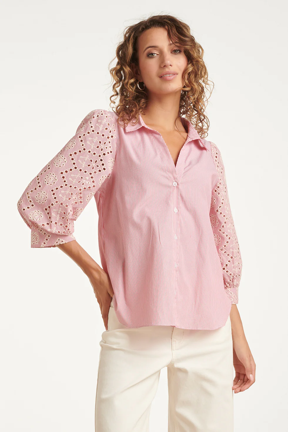 Gestreepte Blouse Met Broderie Mouwen | Red - White - Image 4