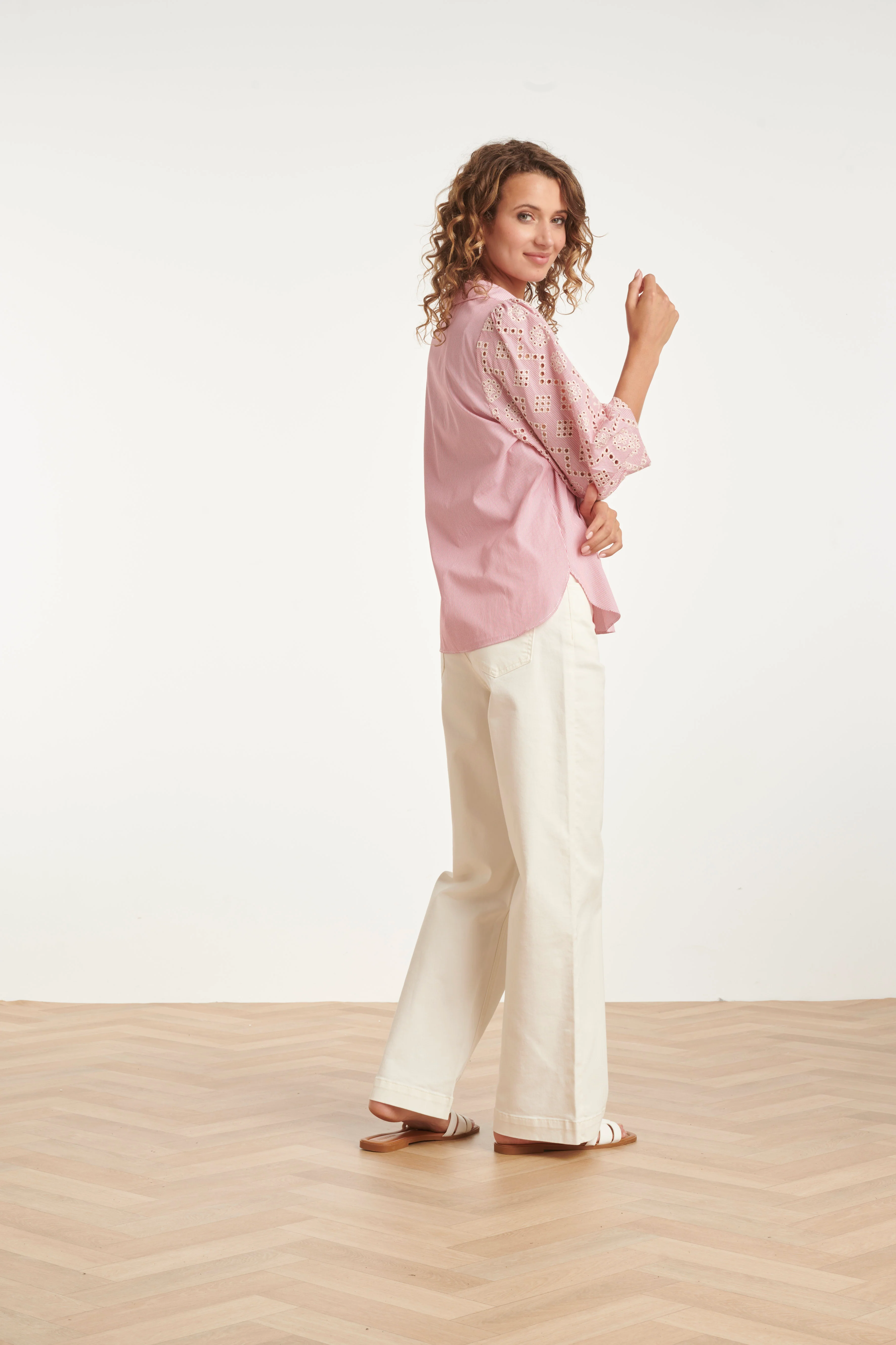 Gestreepte Blouse Met Broderie Mouwen | Red - White - Image 5