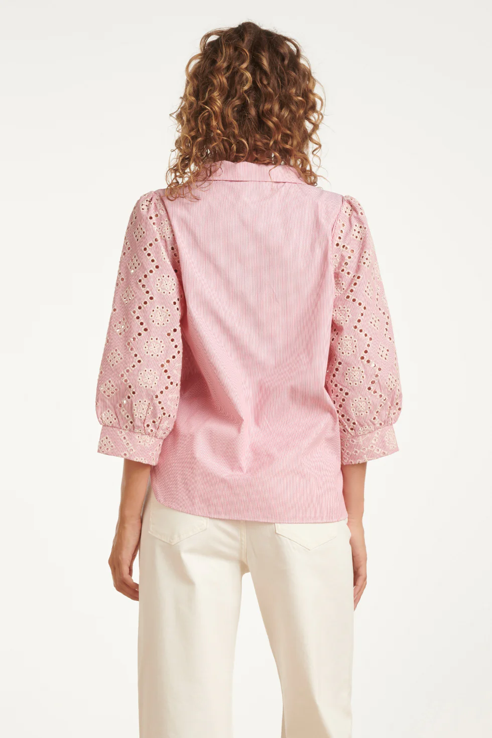 Gestreepte Blouse Met Broderie Mouwen | Red - White - Image 6