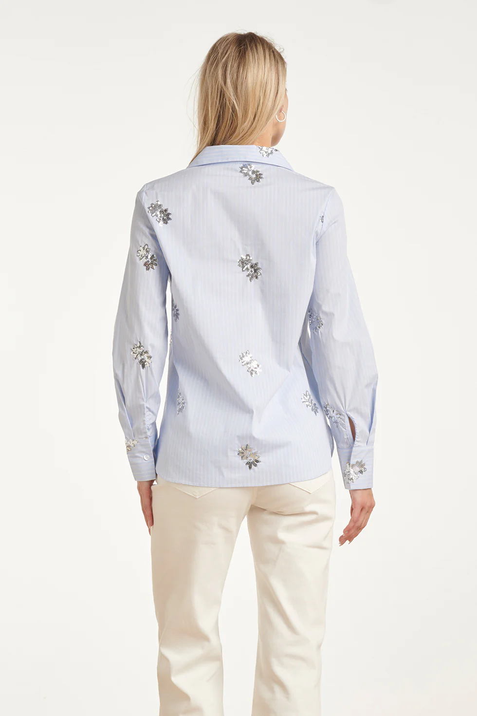 Gestreepte Blouse Met Geborduurde Bloemen En Pailletten | Light Blue - White - Image 4