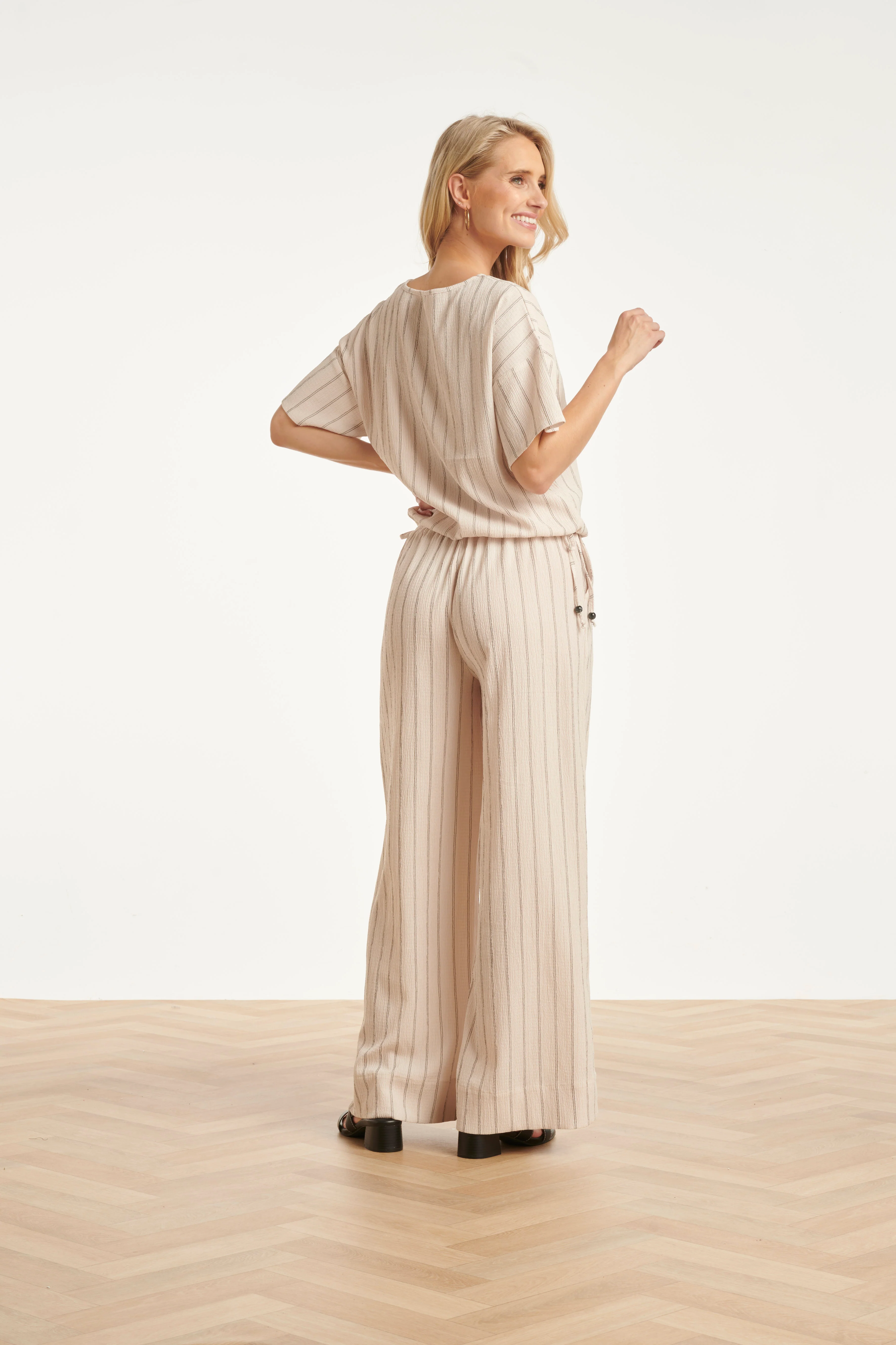 Gestreepte Broek Met Ingeweven Structuur En Elastische Tailleband | Off White - Black - Image 10